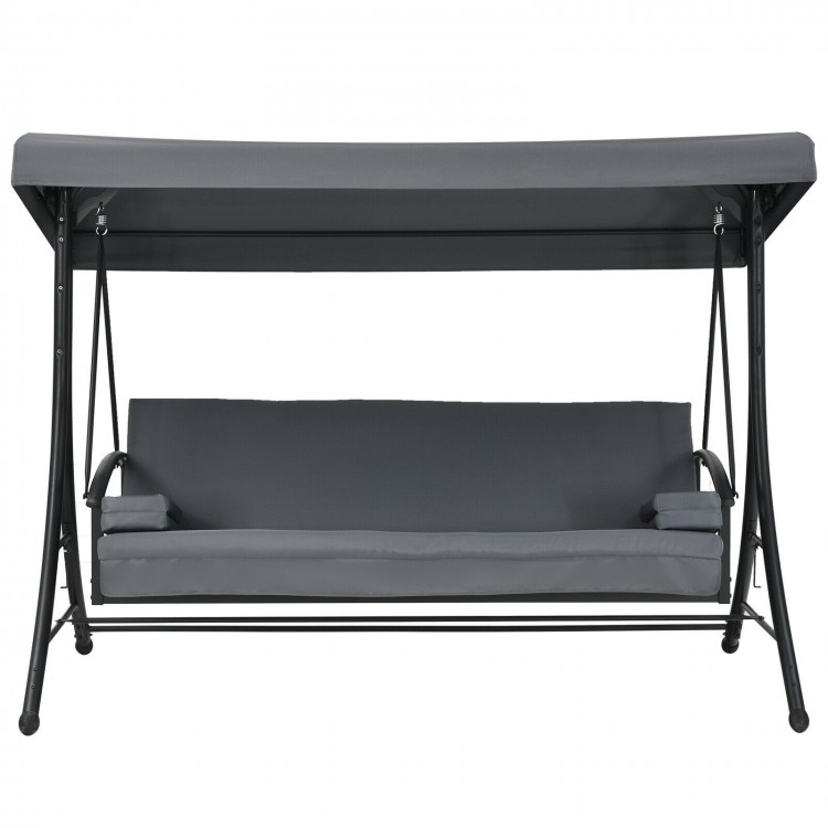 Three-seat patio outdoor swing in gray with adjustable canopy, removable cushions, and durable construction for comfort.
