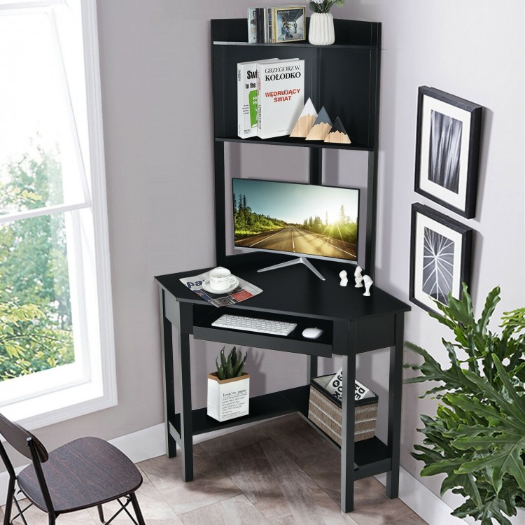 Corner computer desk with hutch and storage shelves in black, designed for optimal workspace and efficient storage.