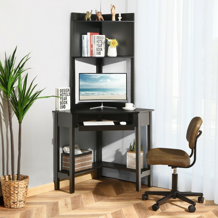 Corner computer desk with hutch and storage shelves in black, ideal for optimizing limited space in home offices.