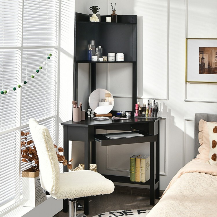 Corner computer desk with hutch in black, featuring ample storage shelves and a spacious desktop for efficient.