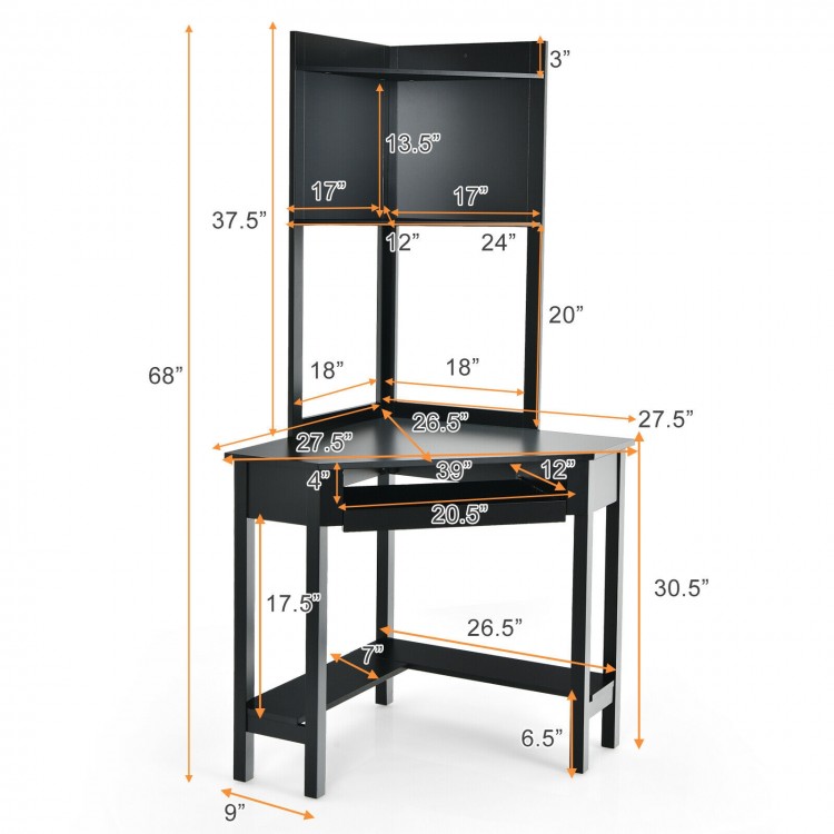 Corner computer desk with hutch in black, featuring ample storage and a spacious desktop for efficient workspace.