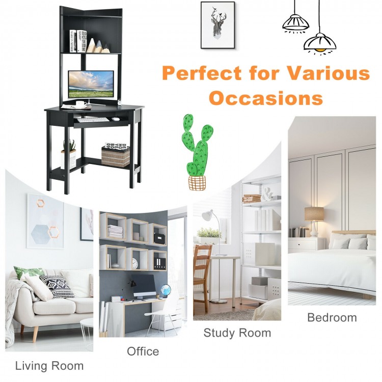 Stylish corner computer desk in black with hutch, offering a spacious work area and ample storage for home office.