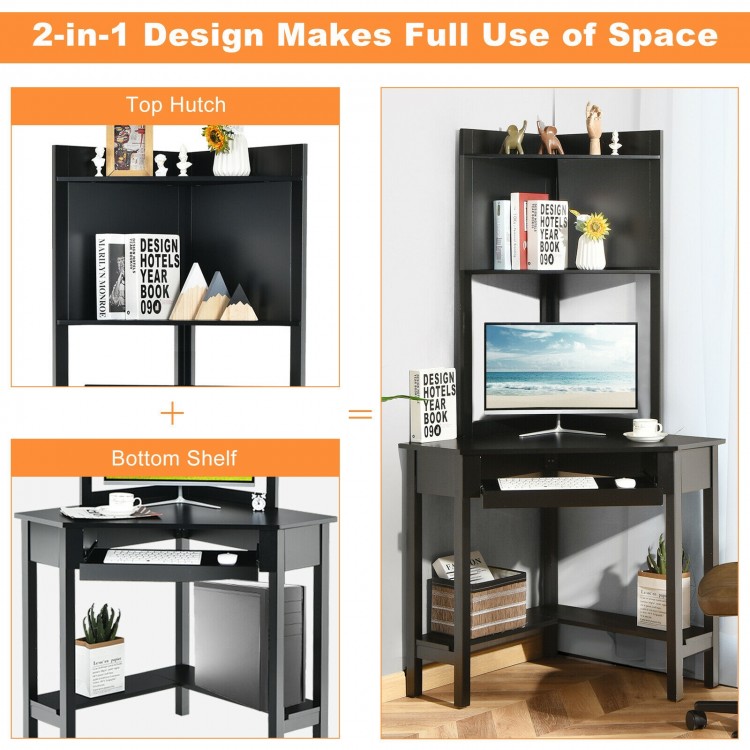 Corner computer desk with hutch and storage shelves in black, optimizing space for home office supplies and workspace.