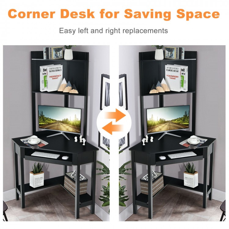 Corner computer desk with hutch in black, featuring ample storage and a space-saving design for home office use.