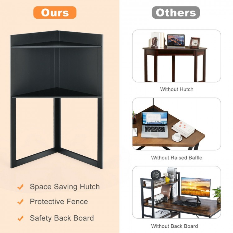 Corner computer desk with hutch and storage shelves in black, designed for optimal workspace and space-saving solutions.