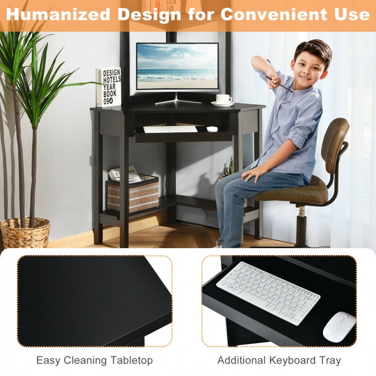 Corner computer desk with hutch in black, featuring a spacious tabletop and storage shelves for efficient workspace.