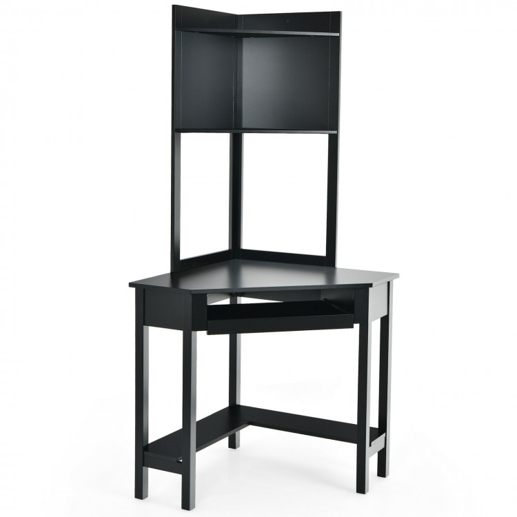 Corner computer desk in black with hutch and storage shelves, ideal for optimizing limited space in home offices.