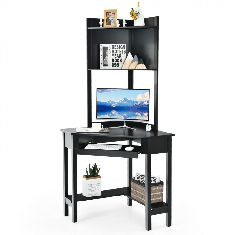 Corner computer desk with hutch and storage shelves in black, featuring a spacious desktop and modern design for.
