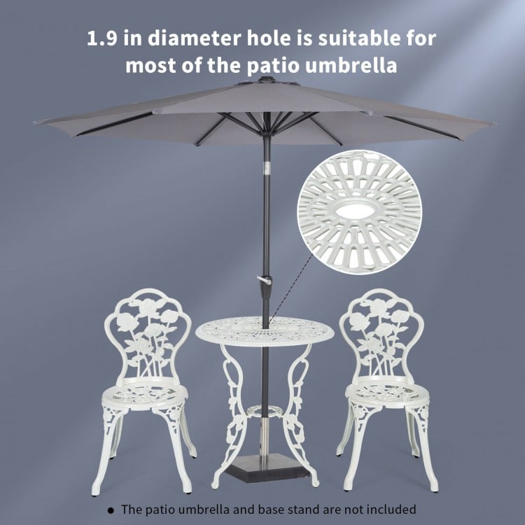 Outdoor cast aluminum patio furniture set with rose design, featuring a 1.9" umbrella hole, ideal for garden or balcony.