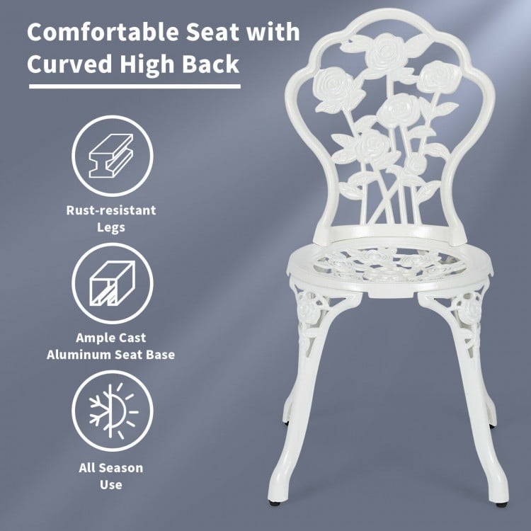 White outdoor cast aluminum chair with rose design, featuring a curved high back and rust-resistant legs for patio use.