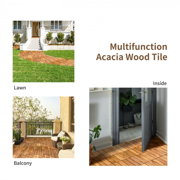 Interlocking acacia wood patio deck tiles shown in various settings, ideal for outdoor and indoor flooring solutions.