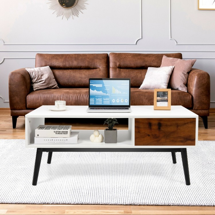 Rectangular wooden coffee table with drawer and open shelf, featuring a modern design for living room or office use.