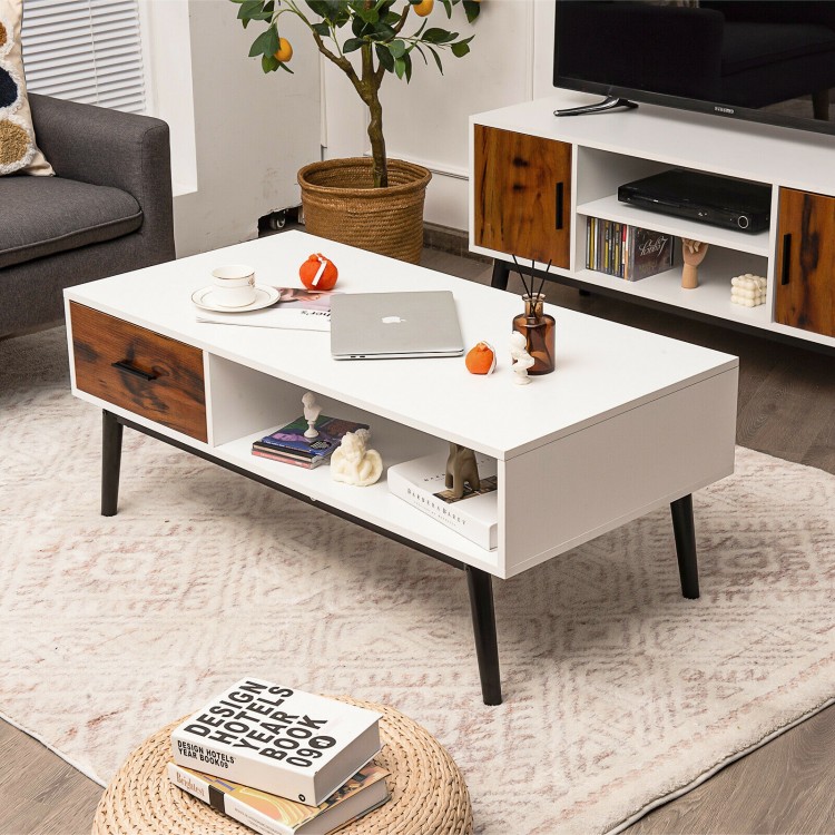 Rectangular wooden coffee table with drawer and open shelf, featuring a spacious tabletop and sturdy metal legs for.