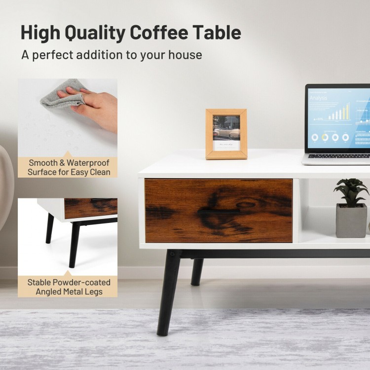 Rectangular wooden coffee table with drawer and open shelf, featuring a smooth, waterproof surface for easy cleaning.