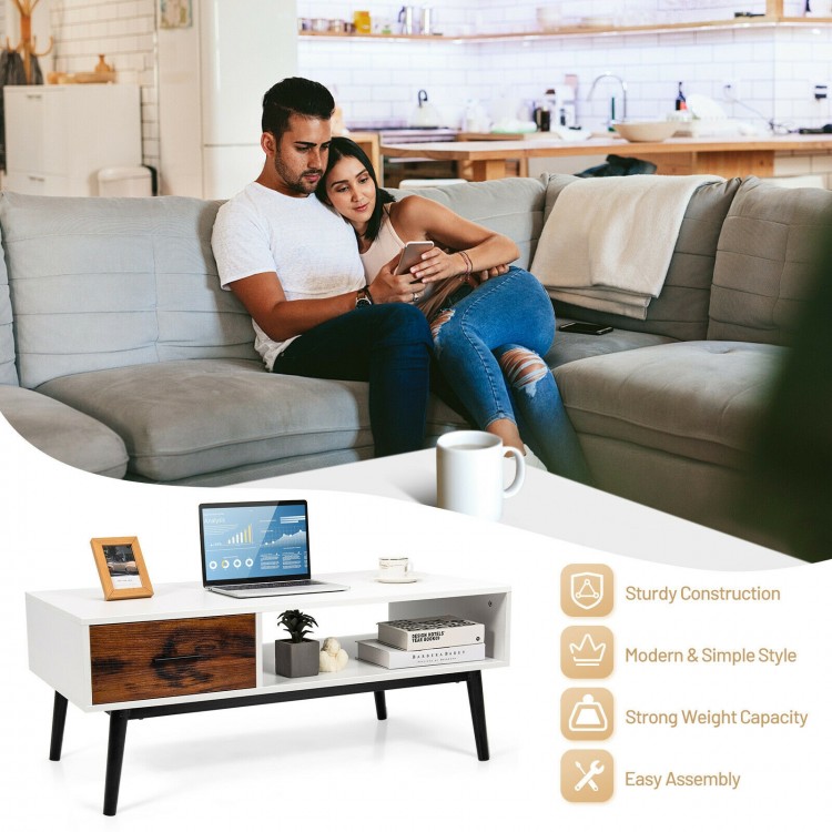 Rectangular wooden coffee table with drawer and open shelf, made of MDF and metal, perfect for modern living rooms.