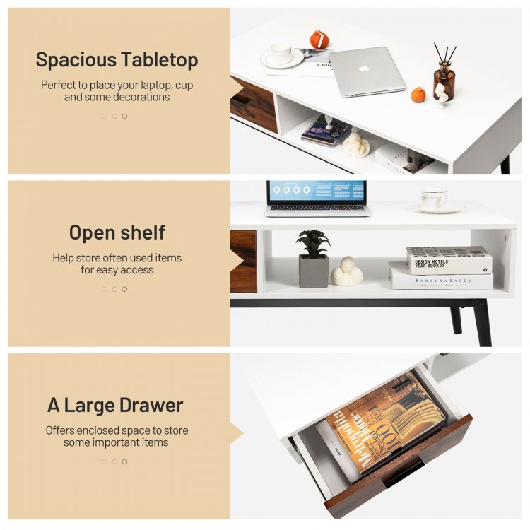 Rectangular wooden coffee table with spacious tabletop, open shelf, and large drawer for versatile storage solutions.