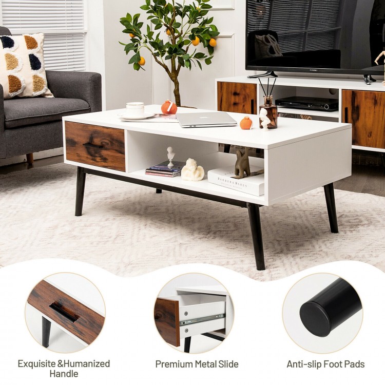 Rectangular wooden coffee table with drawer and open shelf, featuring sturdy MDF and metal legs, ideal for modern decor.