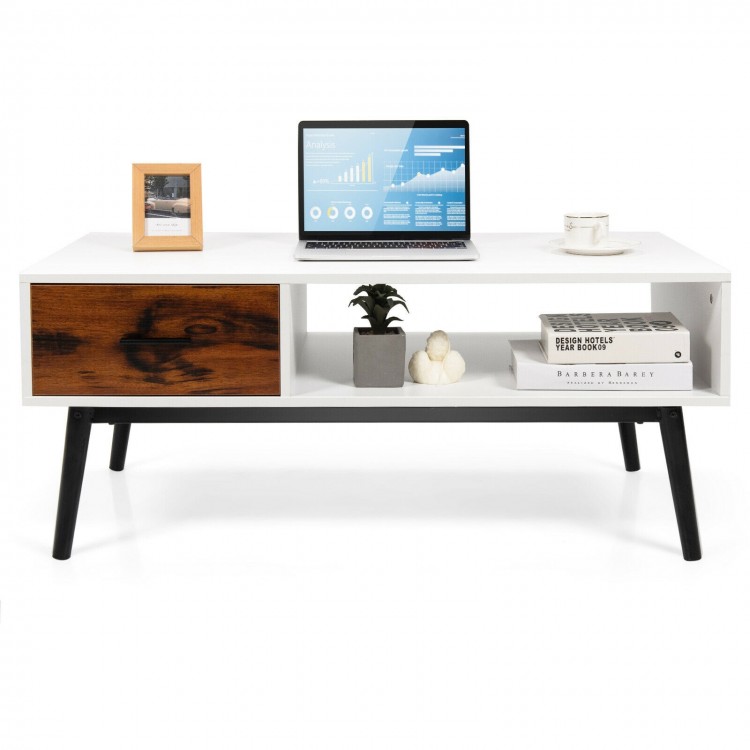Rectangular wooden coffee table with a drawer and open shelf, featuring a modern design for versatile home decor.