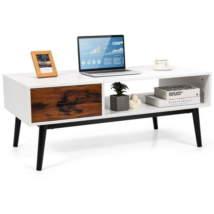 Rectangular wooden coffee table with drawer and open shelf, featuring a modern design and sturdy MDF construction for.