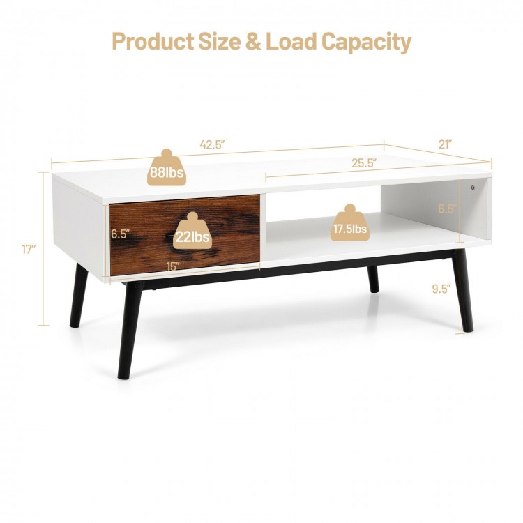 Rectangular wooden coffee table with drawer and open shelf, featuring a modern design and sturdy MDF construction.