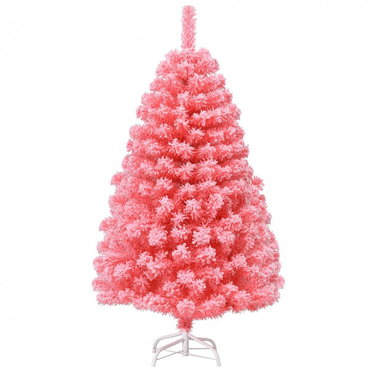 Pink Christmas tree with snow flocked PVC tips, 4.5 ft tall, featuring a sturdy metal stand for festive decor.