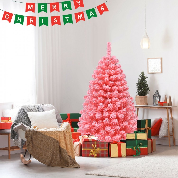 Pink Christmas tree with snow flocked PVC tips, 4.5 ft tall, surrounded by colorful gifts for festive decor.