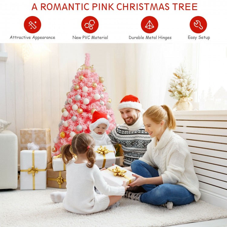 Pink Christmas tree with snow flocked PVC tips, 4.5 ft tall, ideal for festive decor and easy assembly.