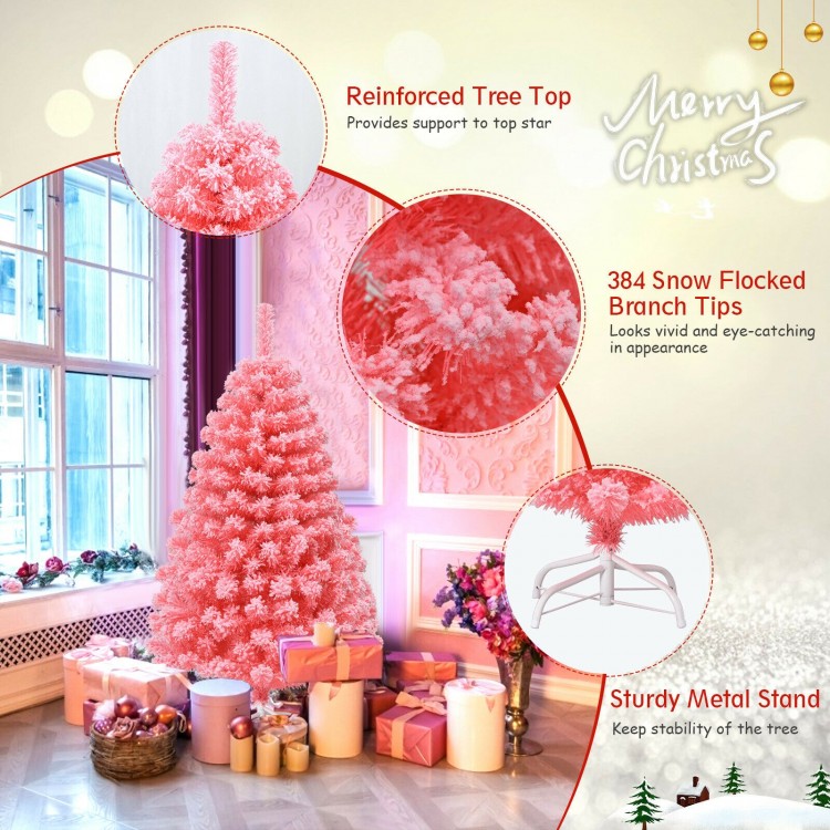 Close-up of the pink Christmas tree's snow flocked PVC tips, showcasing its vibrant color and dense branch design for.