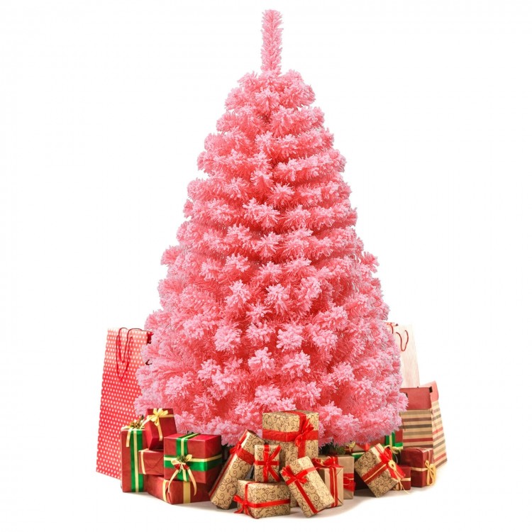 Pink Christmas tree with snow flocked PVC tips, 4.5 ft tall, surrounded by festive gifts for a unique holiday decor.
