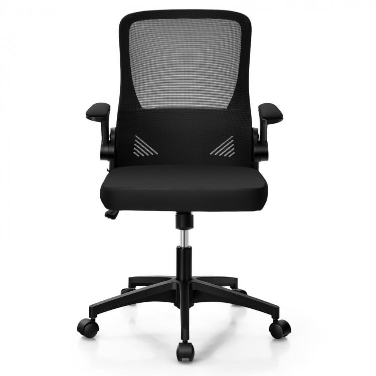 Swivel mesh office chair in black with foldable backrest and flip-up arms for space-saving and comfort.