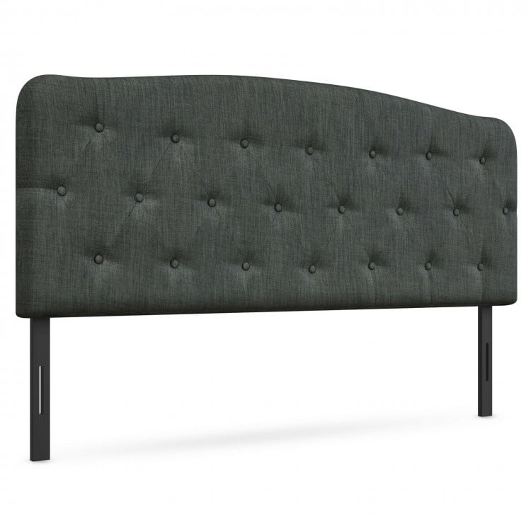 Dark gray faux linen headboard with button stitching, adjustable heights, suitable for full size bed frames.