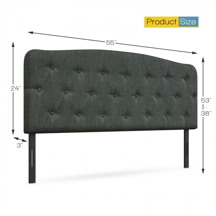 Dark gray faux linen headboard with adjustable heights, featuring button stitching and solid plywood for full size beds.