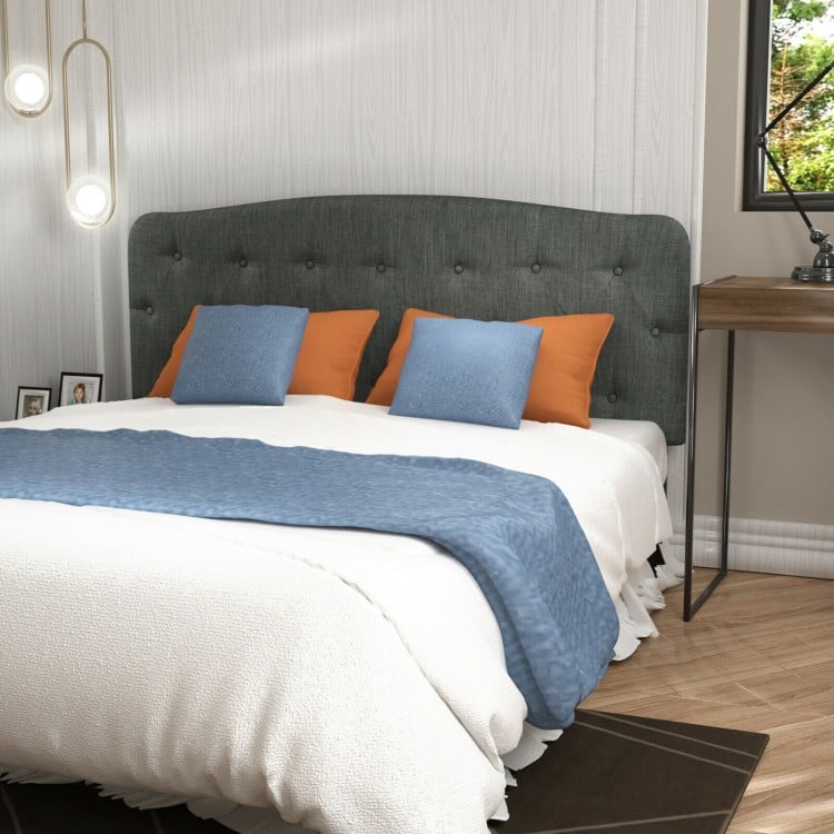 Faux linen headboard in dark gray with button detailing, adjustable heights for full size bed, stylish and comfortable.