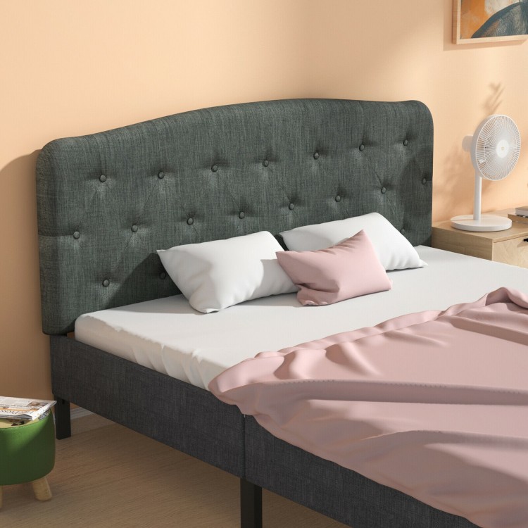 Dark gray faux linen headboard with button detailing, adjustable heights, and soft sponge padding for full size bed.