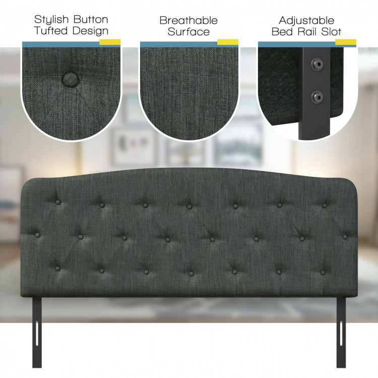 Faux linen headboard in dark gray with button tufting, adjustable height, and durable plywood construction for full.