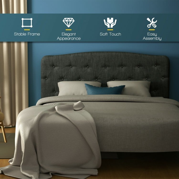 Faux linen headboard in dark gray with adjustable heights, featuring a soft touch and elegant button design for full.