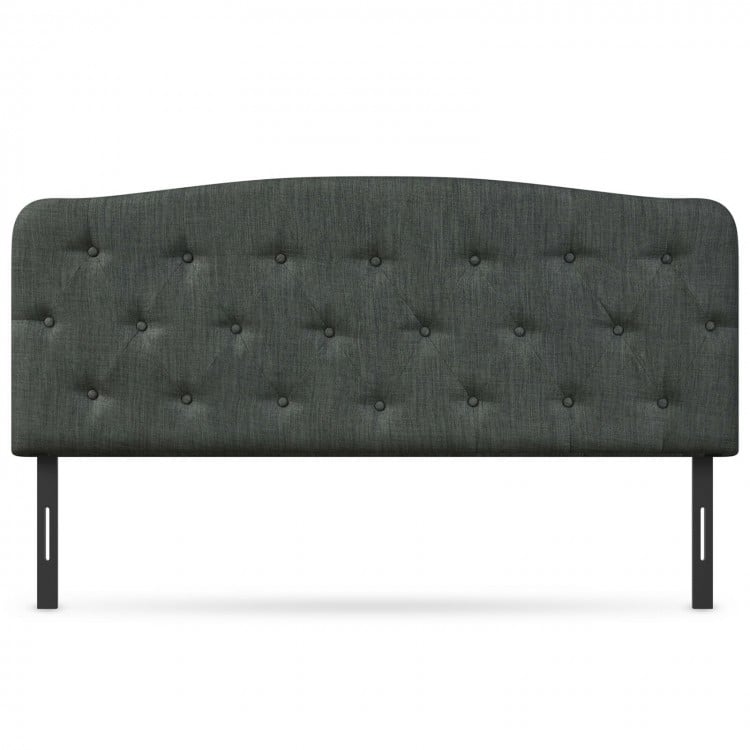Dark gray faux linen headboard with button stitching, adjustable heights, and solid plywood construction for full size.