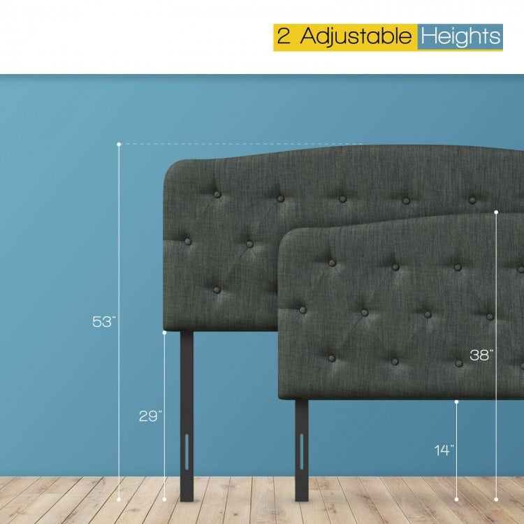 Dark gray faux linen headboard with adjustable heights, featuring button stitching and solid plywood for full-size beds.