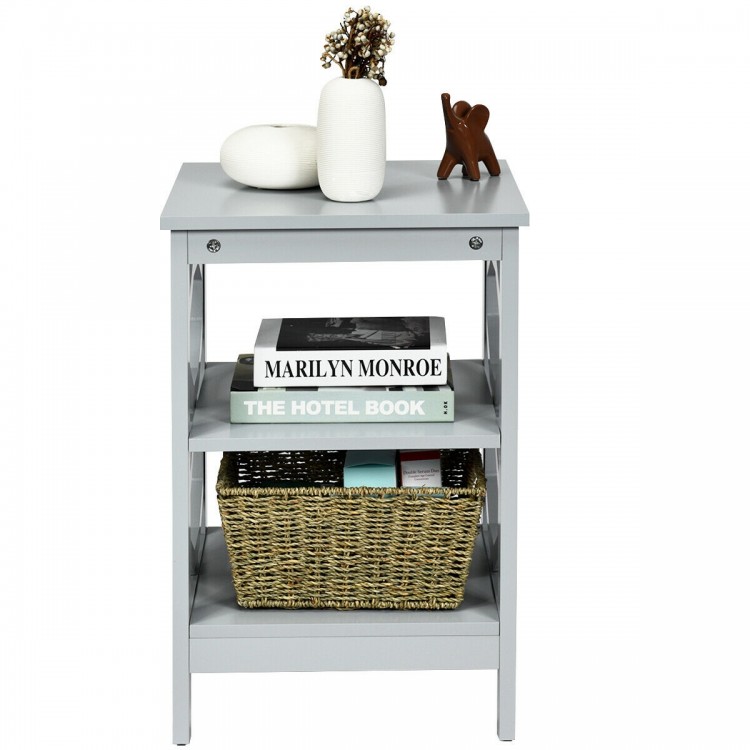 Gray 3-tier nightstand with storage shelves, featuring a durable MDF structure, perfect for living room or bedroom.