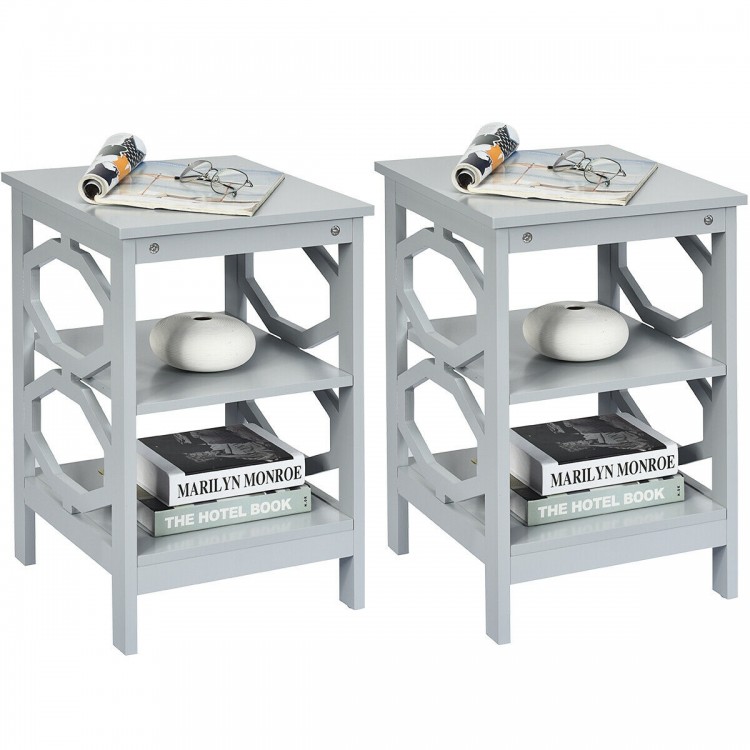 Gray 3-tier nightstand set with ample storage, featuring a durable MDF build, ideal for living room or bedroom use.
