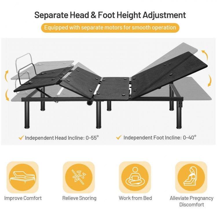 Twin XL ergonomic adjustable bed frame with separate head and foot height adjustment for improved sleep quality.