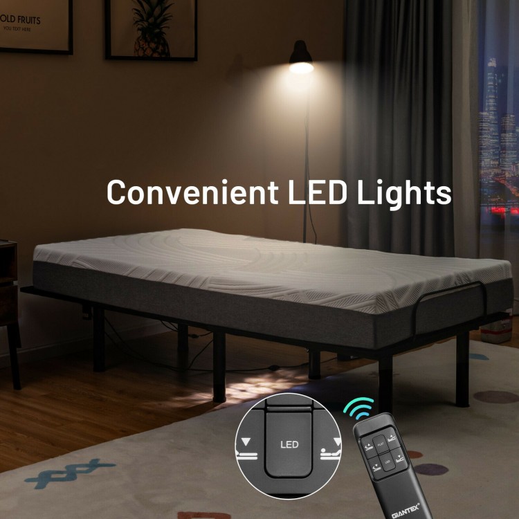 Twin XL ergonomic adjustable bed frame with LED lights, remote control, and dual USB ports for convenient charging.