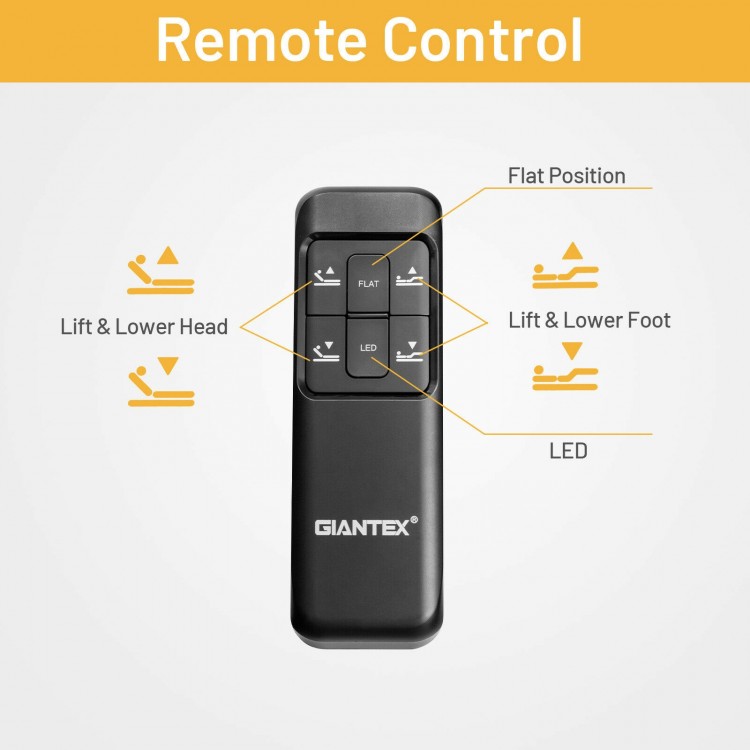 Remote control for Twin XL Ergonomic Adjustable Bed Frame, featuring head and foot adjustments and LED lights.