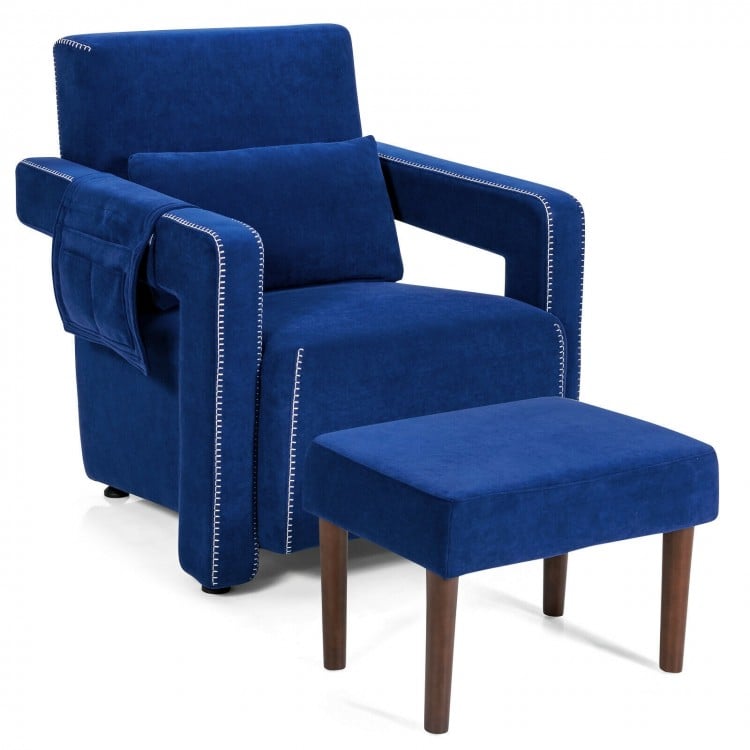 Blue Modern Berber fleece single sofa chair with ottoman and waist pillow, featuring 7-shape armrests for comfort.