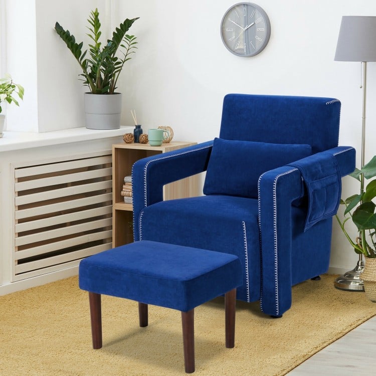 Blue modern Berber fleece single sofa chair with ottoman and waist pillow, perfect for living room or bedroom decor.