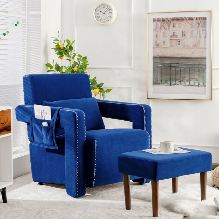 Blue modern Berber fleece single sofa chair with ottoman and waist pillow, featuring 7-shape armrests and side storage.