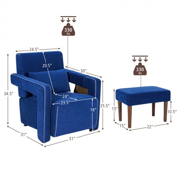 Modern blue accent chair with ottoman, breathable berber fleece, and side storage bag, perfect for living room decor.