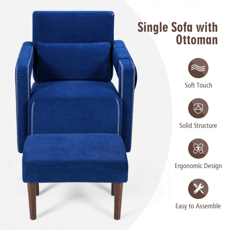 Modern blue single sofa chair with ottoman, featuring soft berber fleece, ergonomic design, and sturdy larch wood frame.
