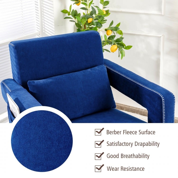 Modern blue Berber fleece single sofa chair with ottoman, featuring a 7-shape design and side storage bag for.