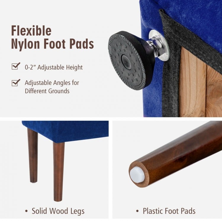 Adjustable nylon foot pads on the modern blue sofa chair ensure stability on uneven floors for maximum comfort.